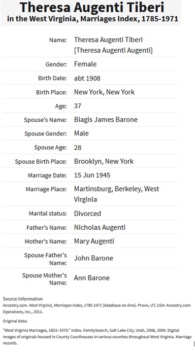 Maria Theresa Augenti and James Barone Marriage Index