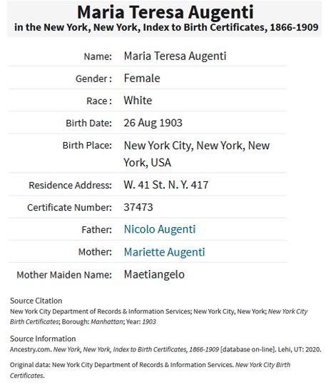 Maria Theresa Augenti Birth Index