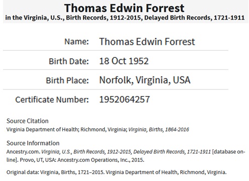 Thomas Edwin Forrest Birth Index