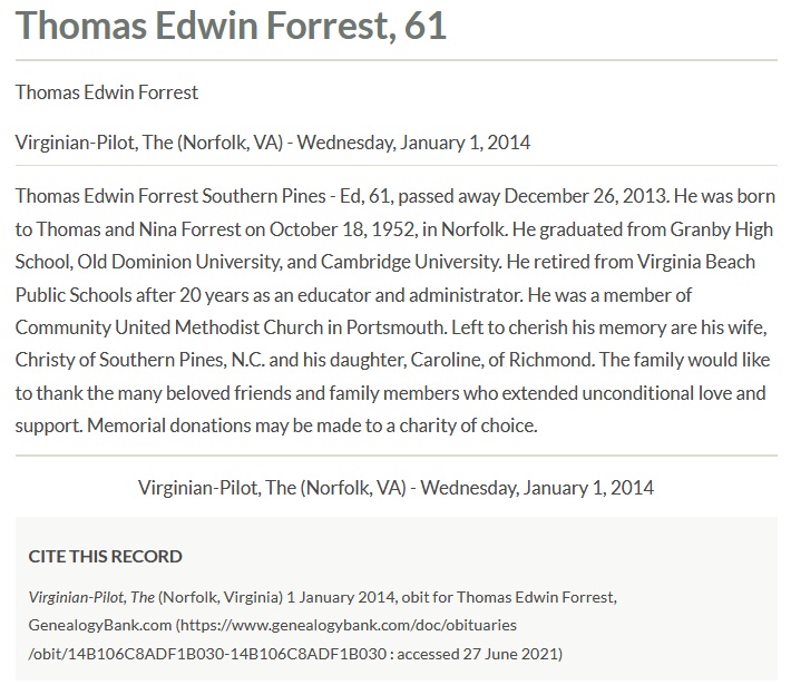 Thomas Edwin Forrest Obituary