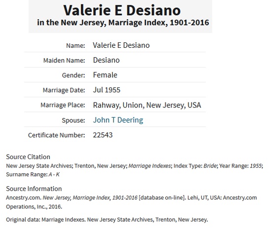 Valerie E. Desiano and John T. Deering Marriage Record