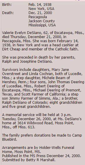 Valerie Evelyn Desiano Obituary