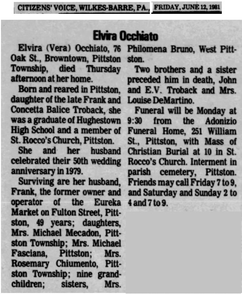 Elvira Trobacco Occhiato Obituary