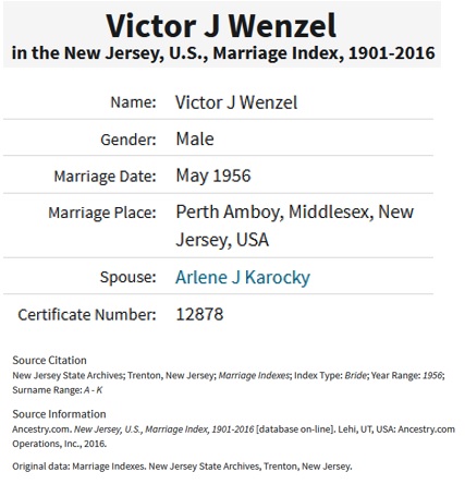 Victor J. Wenzel Jr. and Arlene Karocky marriage