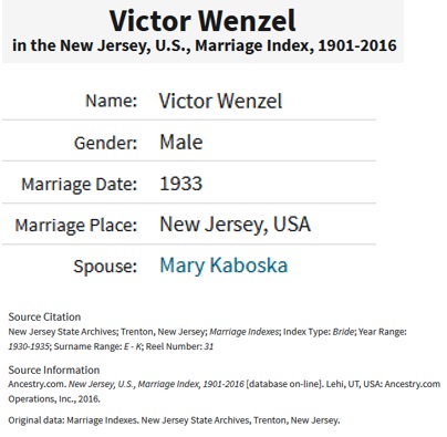 Victor J. Wenzel and Mary Kaboski marriage