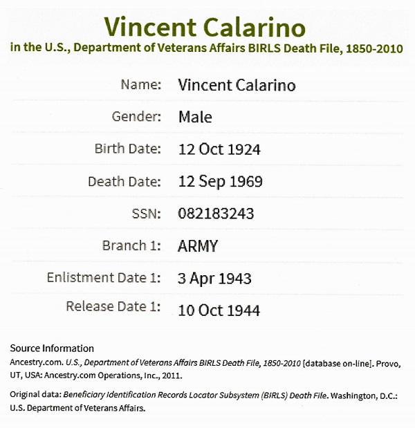 Vincent A. Calarino Military Records