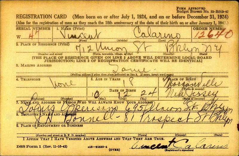 Vincent A. Calarino WW2 Draft Registration