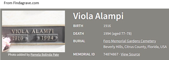 Viola Anne Johnson Alampi Cemetery Record