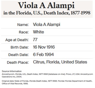 Viola Anne Johnson Alampi Death Record