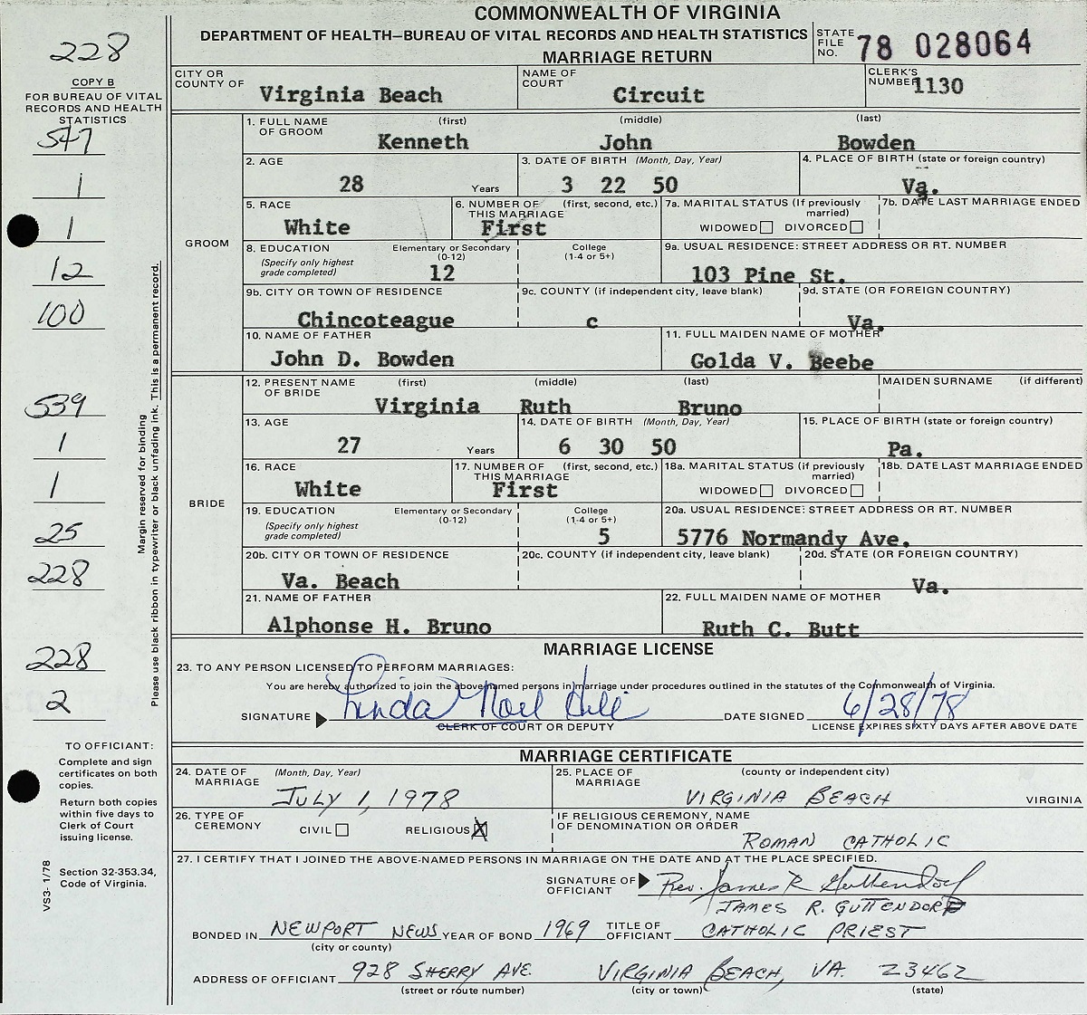 Virginia Ruth Bruno and Kenneth John Bowden Marriage Certificate