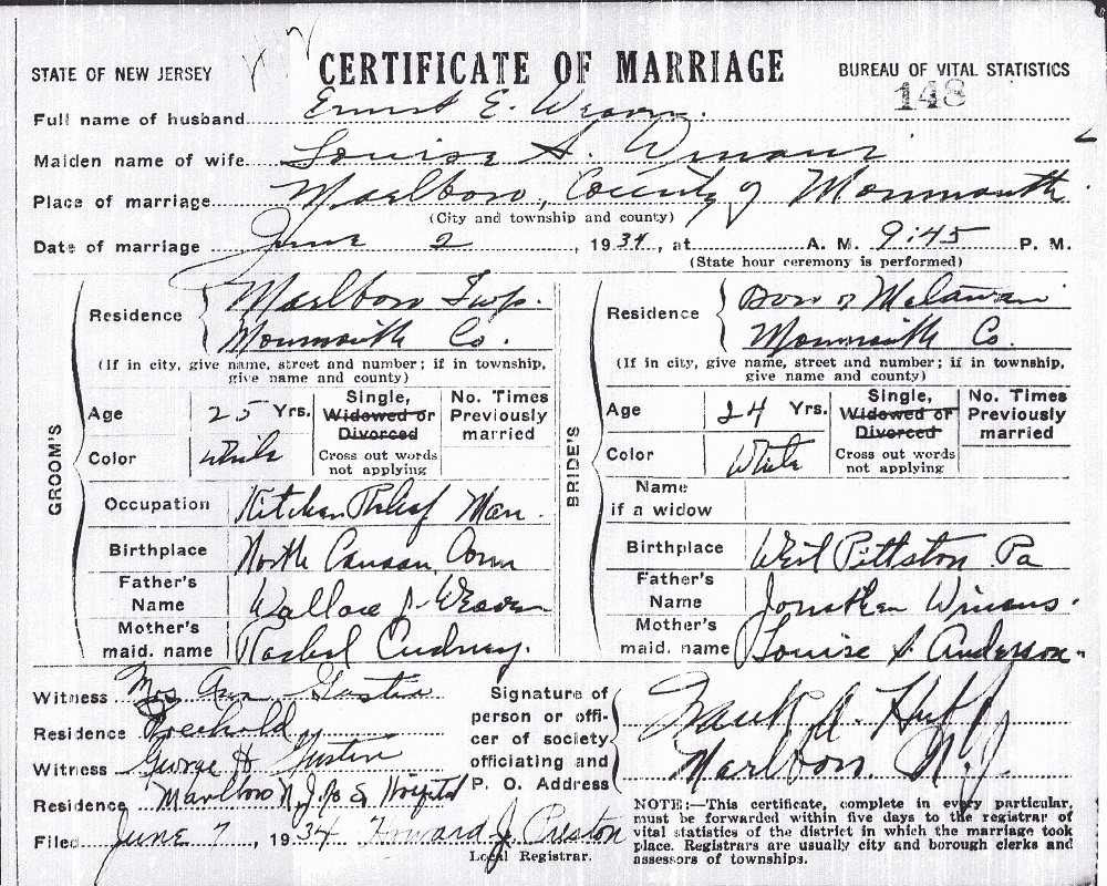 Ernest Weaver and Louise Winans Marriage