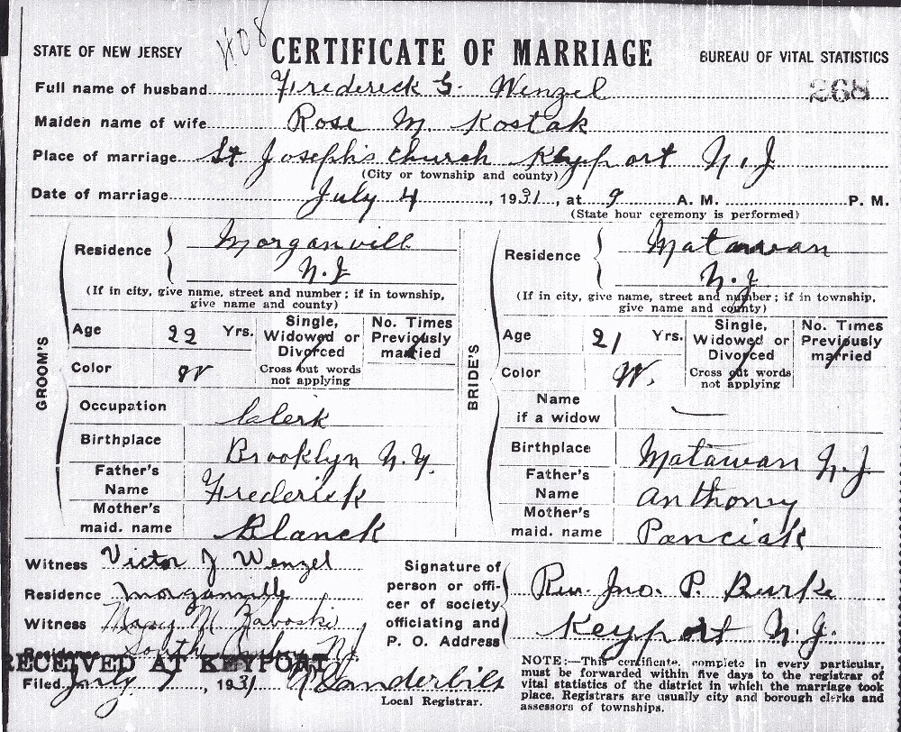 Frederick Wenzel and Rose Kostak Marriage
