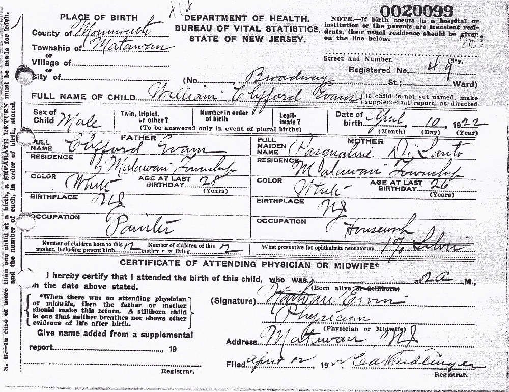 William C. Evans Birth Certificate