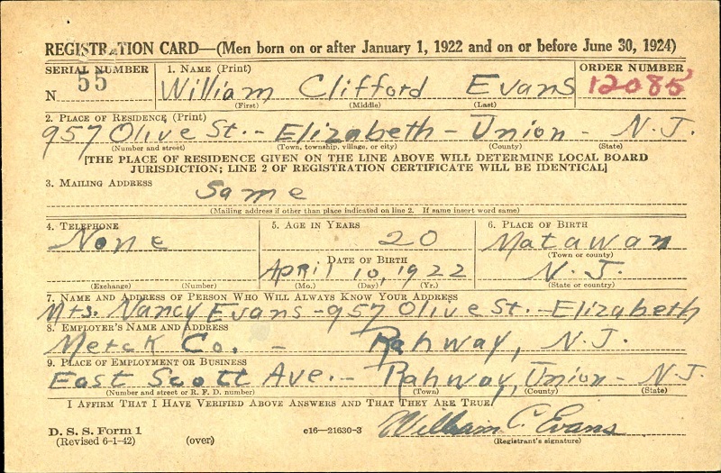 William C. Evans World War II Draft Registration