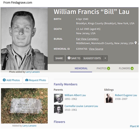 William F. Lau Cemetery Record