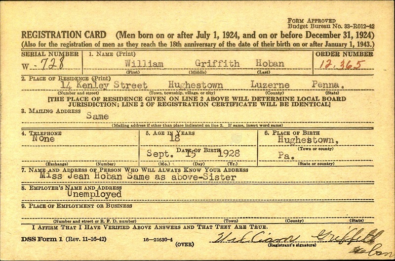 William Griffin Hoban WW2 Draft Registration