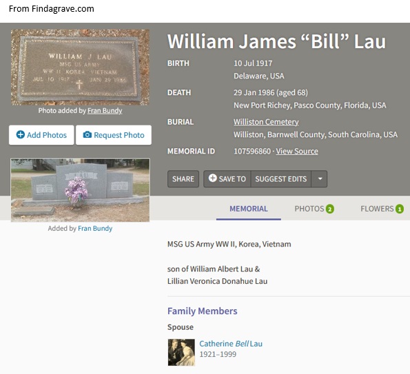 William James Lau Cemetery Record