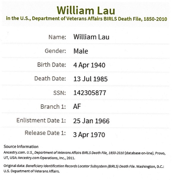 William F. Lau Military Record