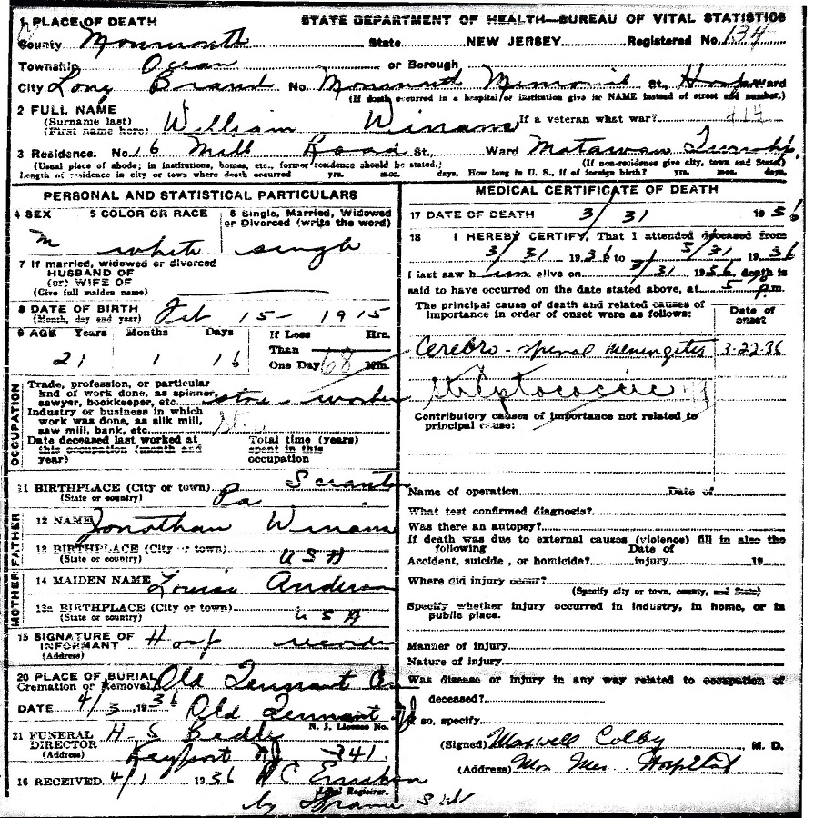 William McKinley Winans Death Certificate