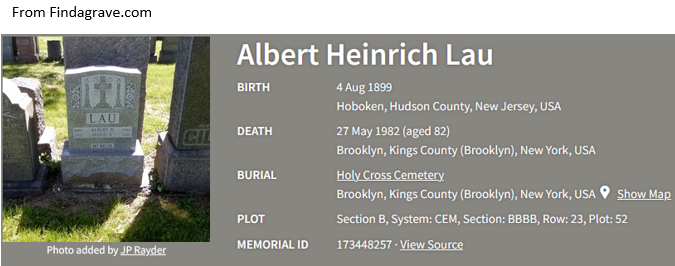 >Albert H. Lau Cemetery Record