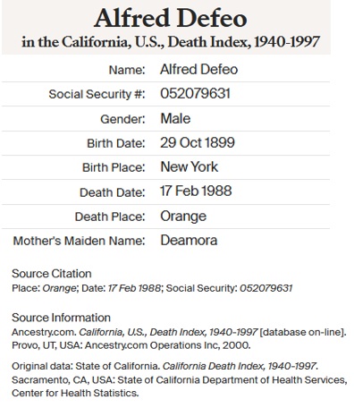 Alfred De Feo Death Record