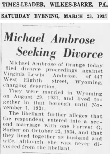 Michael Ambrose and Virginia Lewis Marriage Record