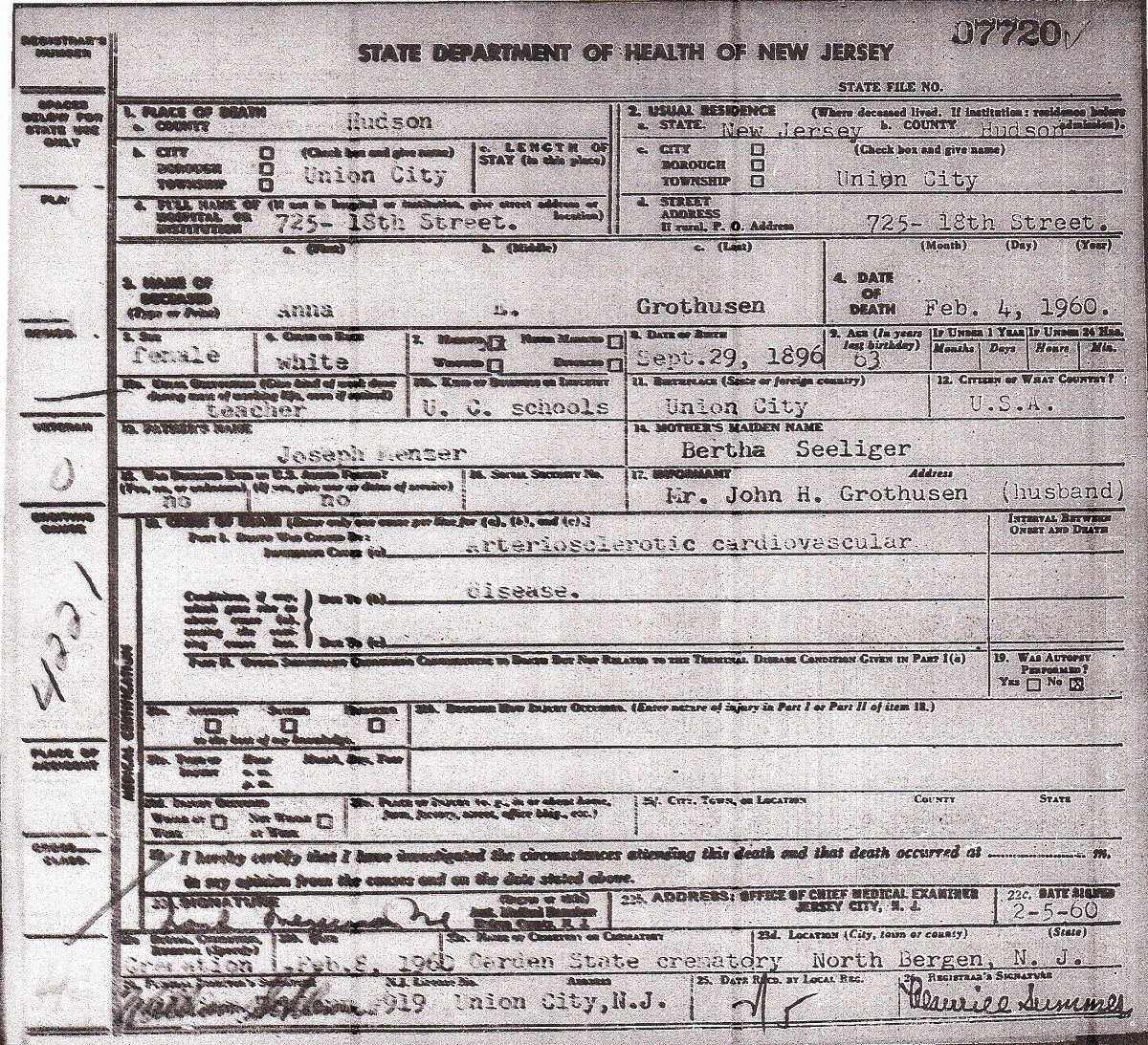 Anna Grothusen Death Certificate