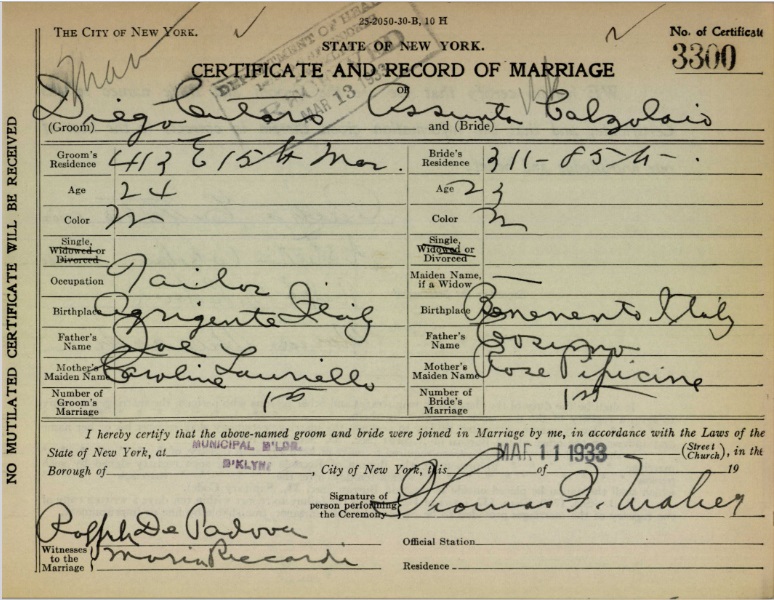 Diego Cutaia and Assunta Calzolaio Marriage Certificate