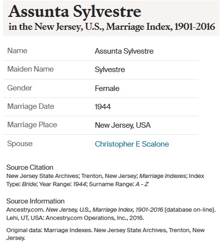 Christopher Scalone and Assunta Sylvestre Marriage Record