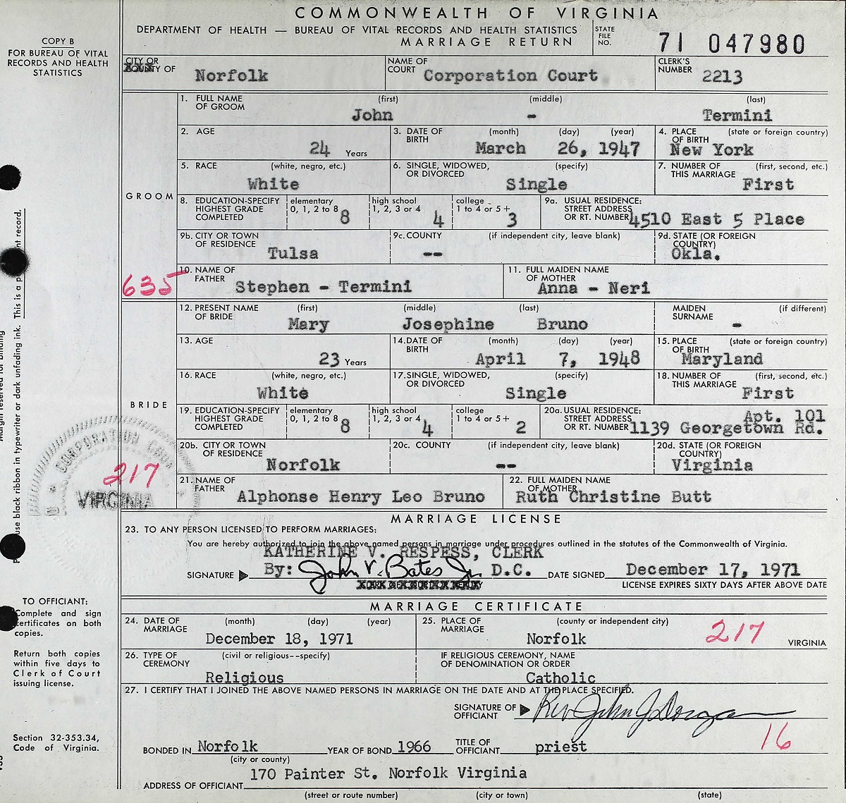 Mary Josephine Bruno and John Termini Marriage Certificate