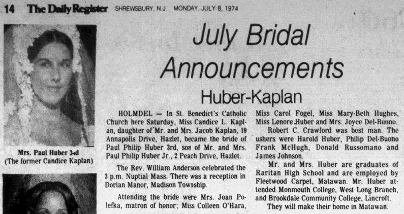 Candice Kaplan marriage to Paul Huber 1974