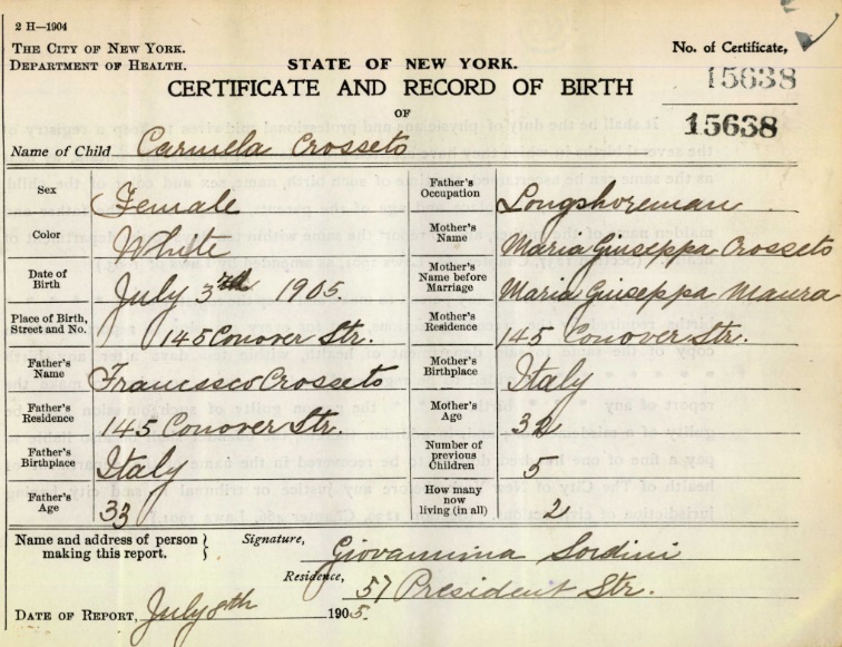 Carmela Grosetto Birth Certificate