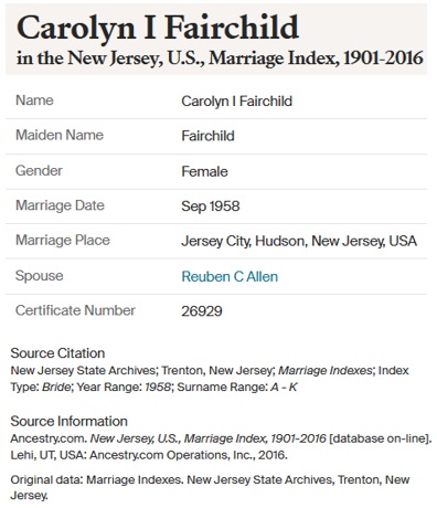 Reuben Allen and Carolyn Fairchild Marriage Record