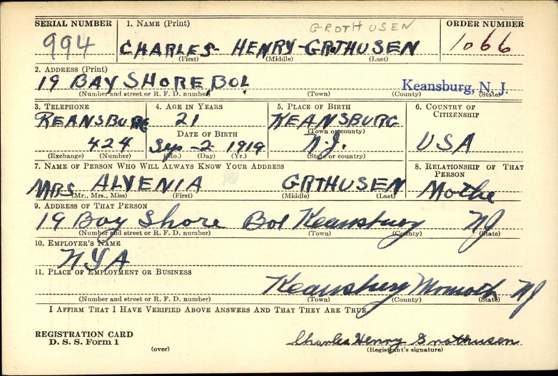 Charles Grothusen WW2 Draft Registration