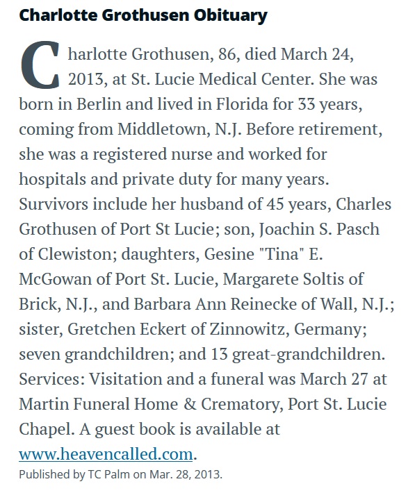 >Charlotte Schlorff Pasch Grothusen Obituary