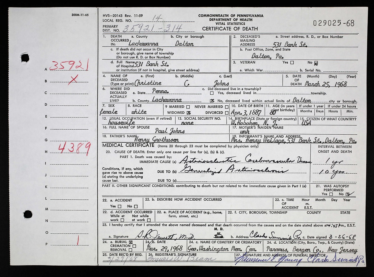 Christine Grothusen Johns Death Certificate