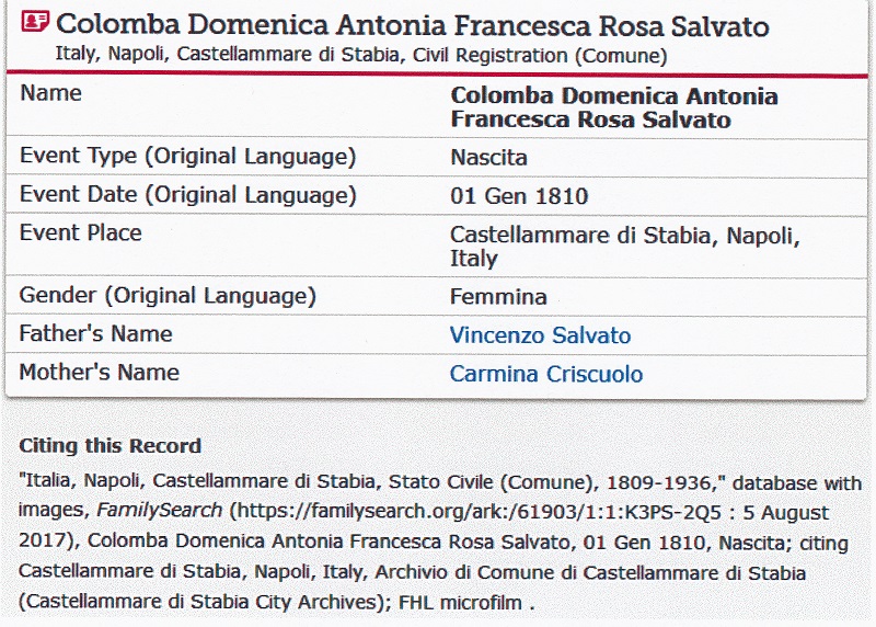 Colomba Salvato Birth Record