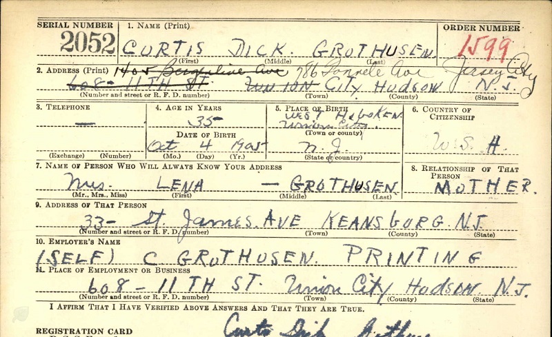 Curtis Grothusen WW2 Draft Registration