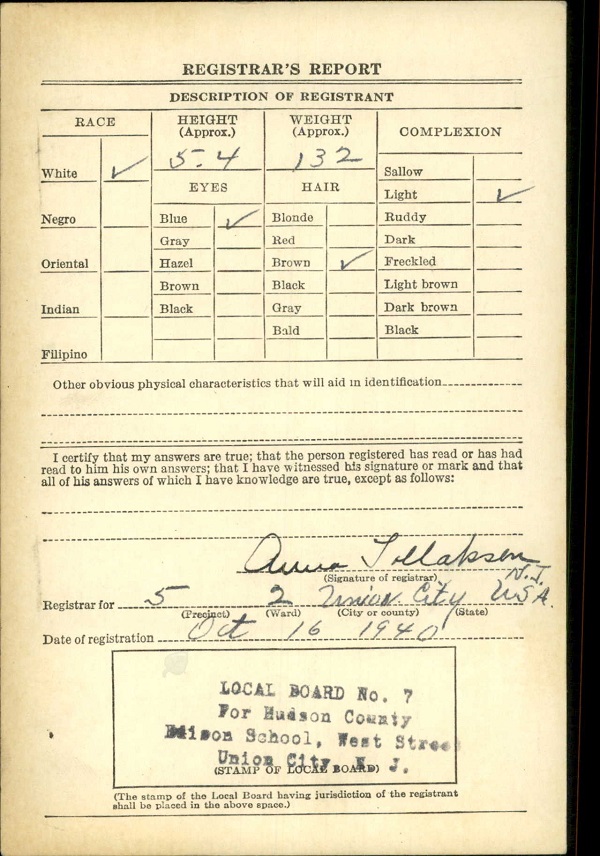 Curtis Grothusen WW2 Draft Registration