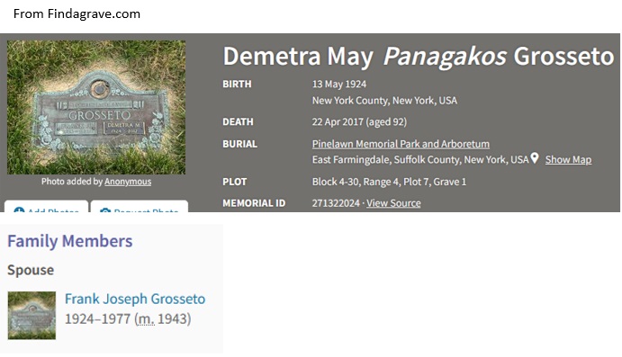 Demetra May Grossetto Cemetery Record