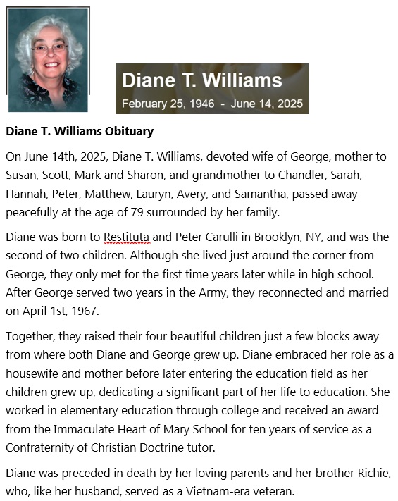 Diane Carulli Williams Obituary