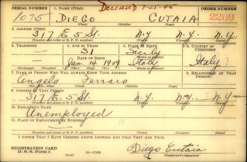 Diego Cutaia WW2 Draft Registration