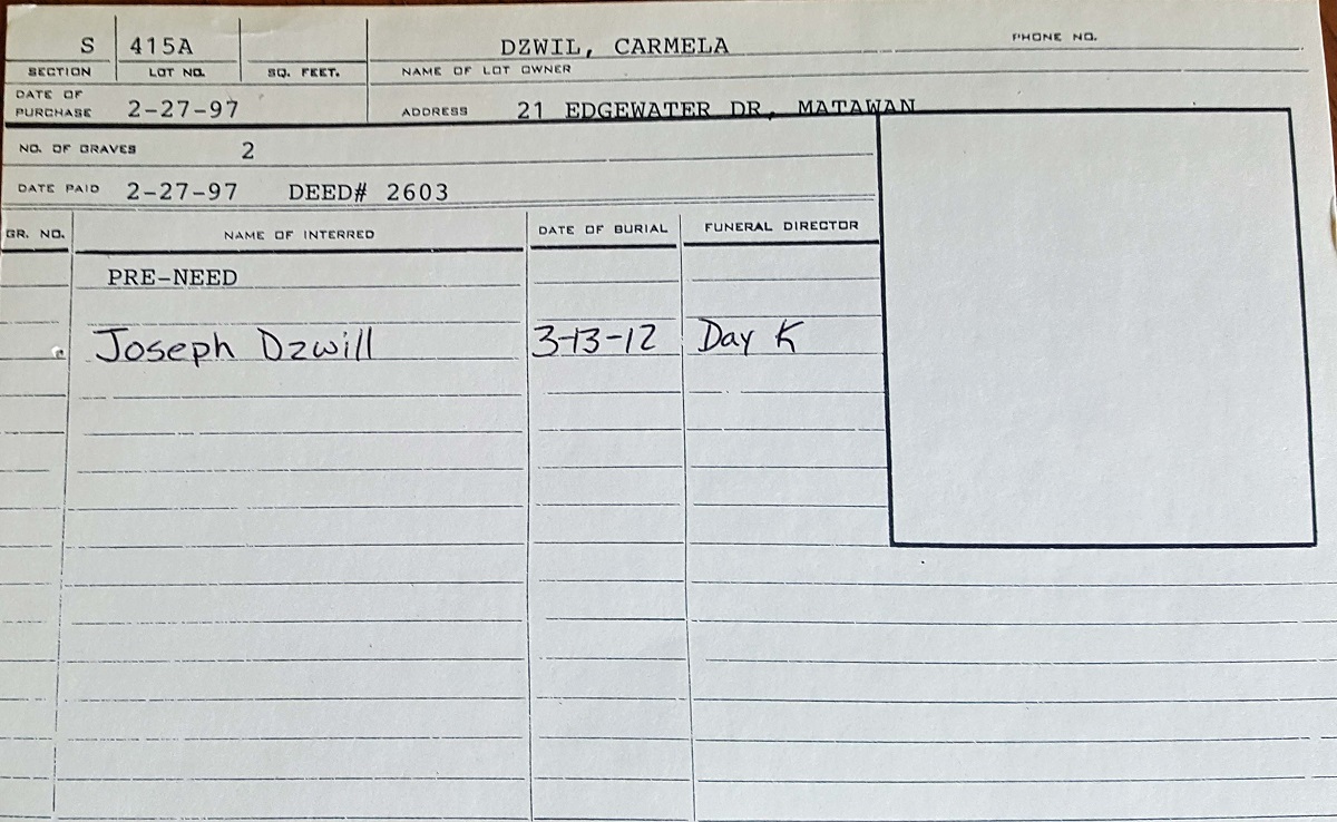 Joseph Dzwil Grave index card at St. Joseph's Cemetery