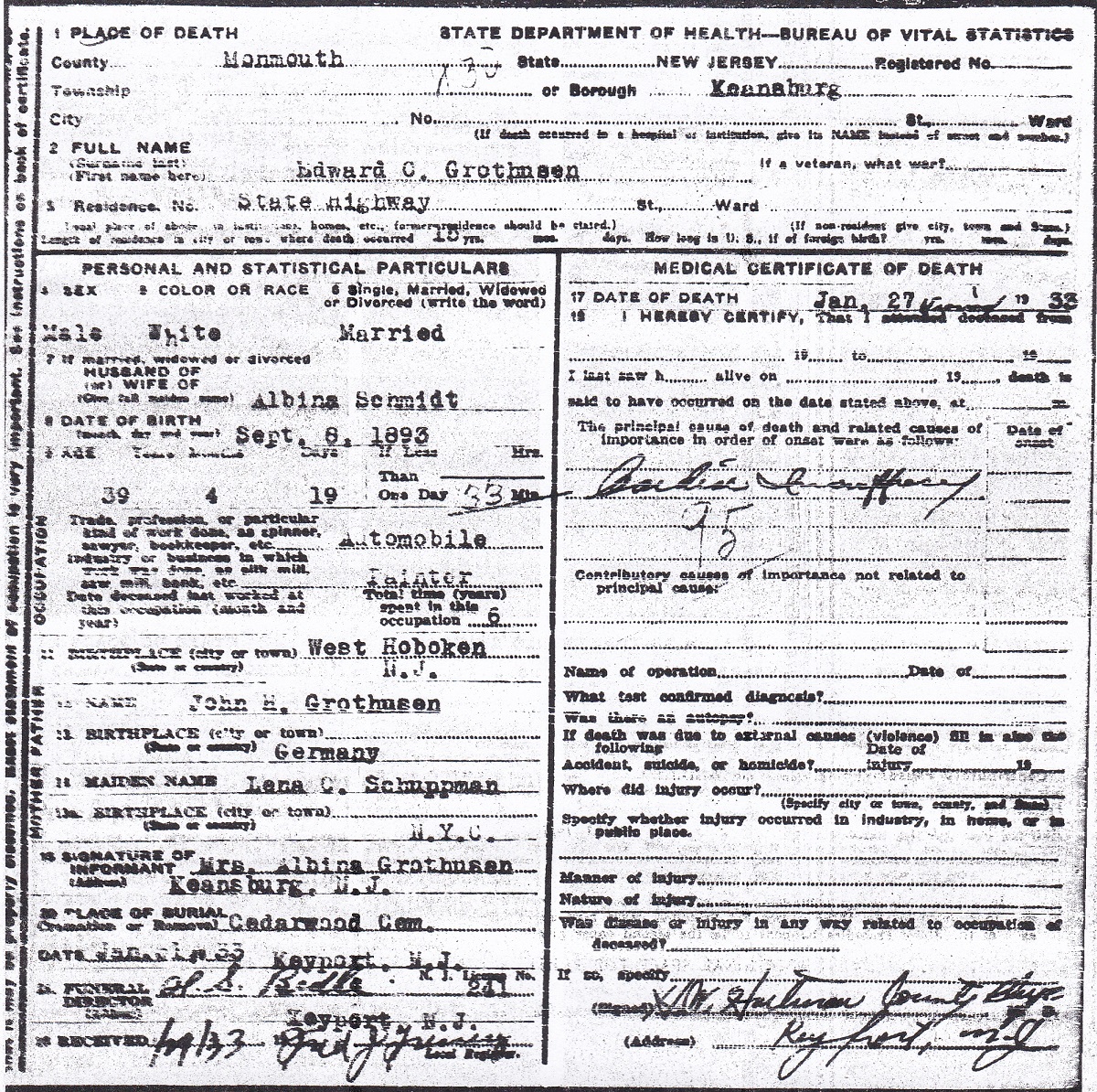 Edward Grothusen Death Certificate