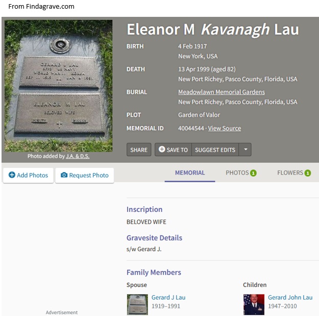 Eleanor Kavanagh Lau Cemetery Record