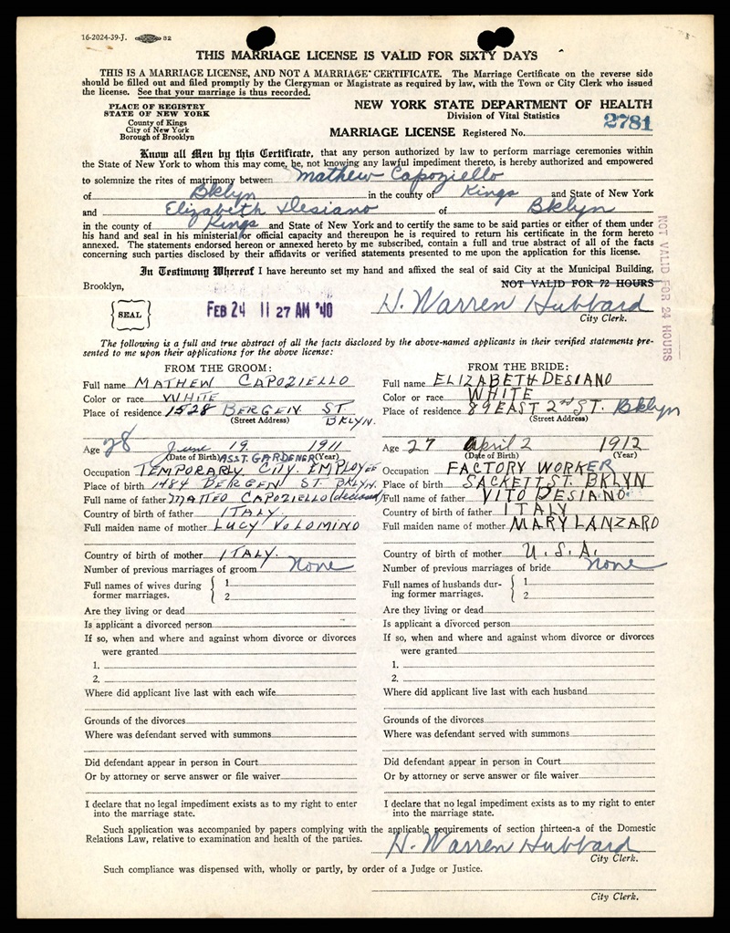 Elizabeth Desiano and Mateo (Matthew) Capoziello Marriage Certificate