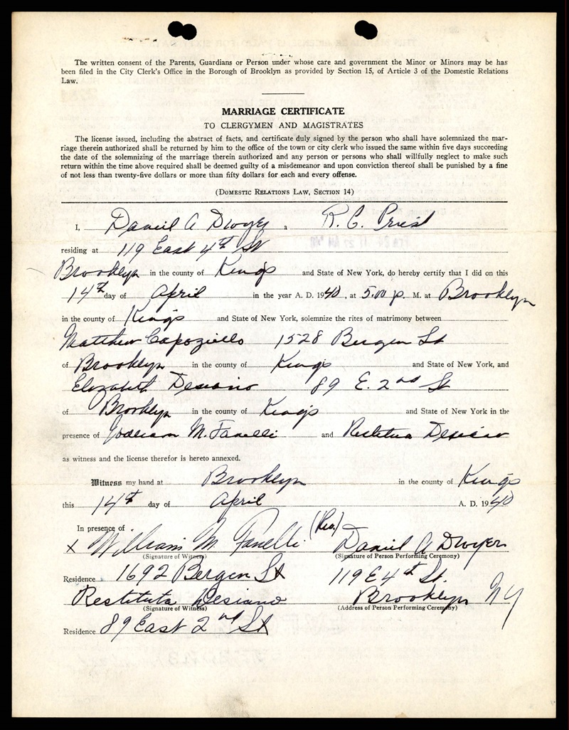 Elizabeth Desiano and Mateo (Matthew) Capoziello Marriage Certificate