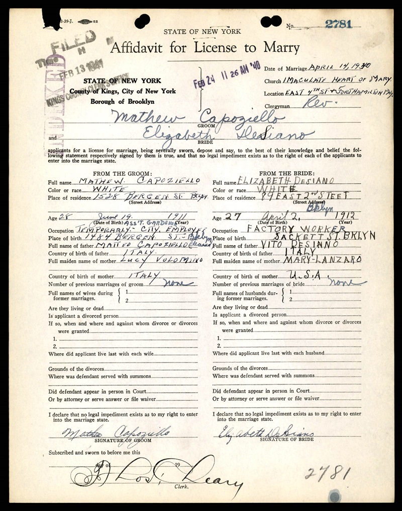 Elizabeth Desiano and Mateo (Matthew) Capoziello Marriage Certificate