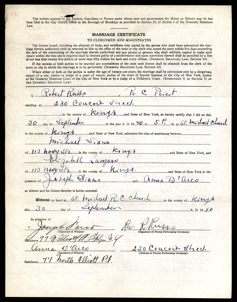 Elizabeth Florence Lanzaro Marriage Certificate