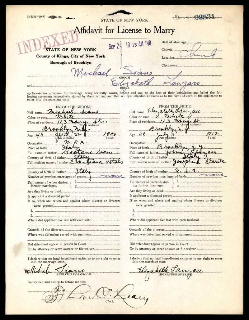 Elizabeth Florence Lanzaro Marriage Certificate